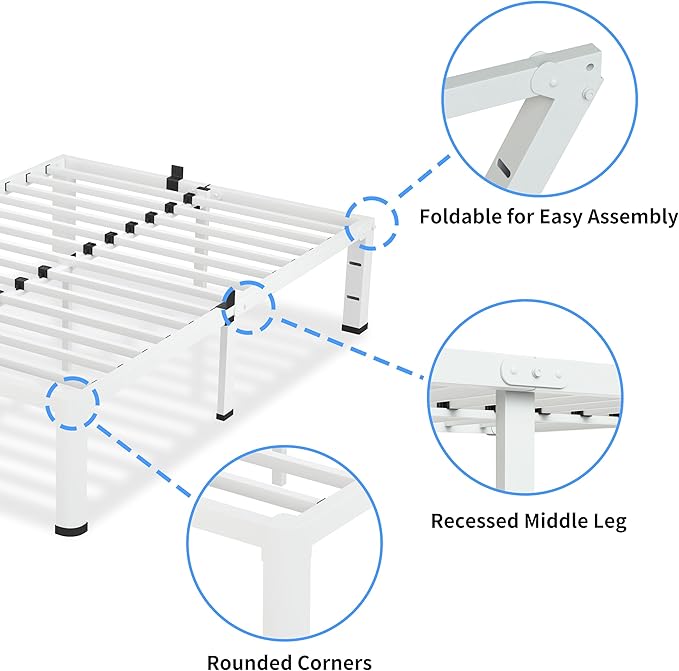18 Inch Full Size White Bed Frame, 3500Lbs Heavy Duty Metal Platform with Round Corner Legs Mattress Slide Stopper, Steel Slat Support No Box Spring Needed, Noise Free, Non-Slip, Easy Assembly