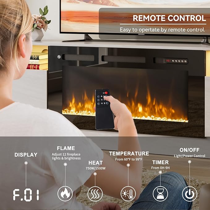 oneinmil 70” TV Stand with 36” Electric Fireplace, Large Modern Media Entertainment Center with Storage Cabinet and 12 Colors LED Lights for TVs Up to 80", Gray TV Stand and Black Fireplace