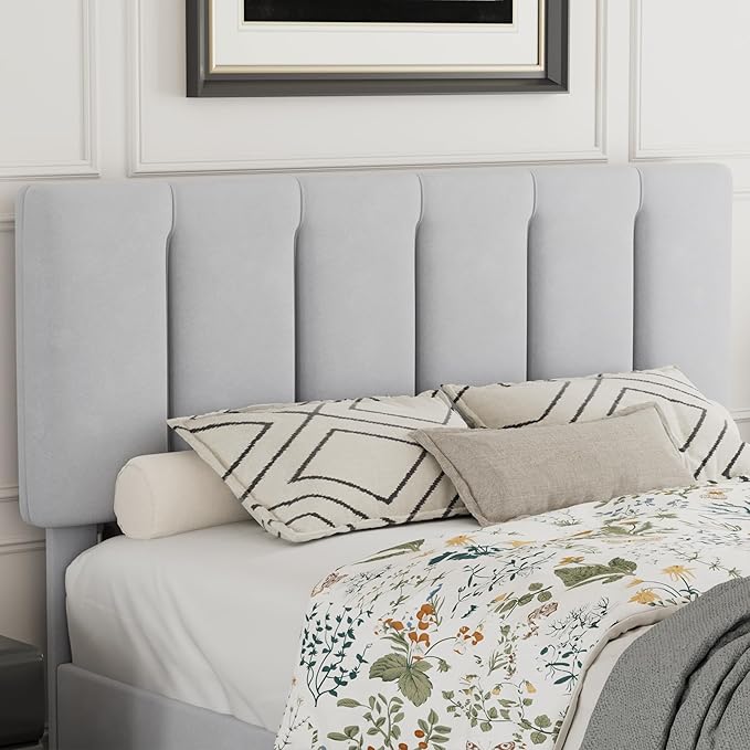 VECELO Queen Bed Frame with Upholstered Headboard, Heavy-Duty Platform Bedframe with Strong Wooden Slats Support, No Boxing Spring Needed, Light Grey