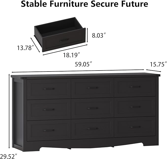 Black Dresser for Bedroom, 59'' Wide Chest of Drawers with Natural Wood Texture, 9 Drawer Dresser for Closet with Metal Handles, Sleek Storage Solution for Living Room, Office, Hallway