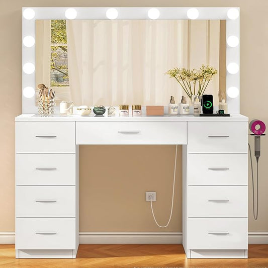 Quimoo Vanity Desk with Large Lighted Mirror and Power Outlet, 46" Makeup Vanity with 9 Drawers and Glass Desktop, Vanity Table with 12 LED Lights, 3 Lighting Color Adjustable, White