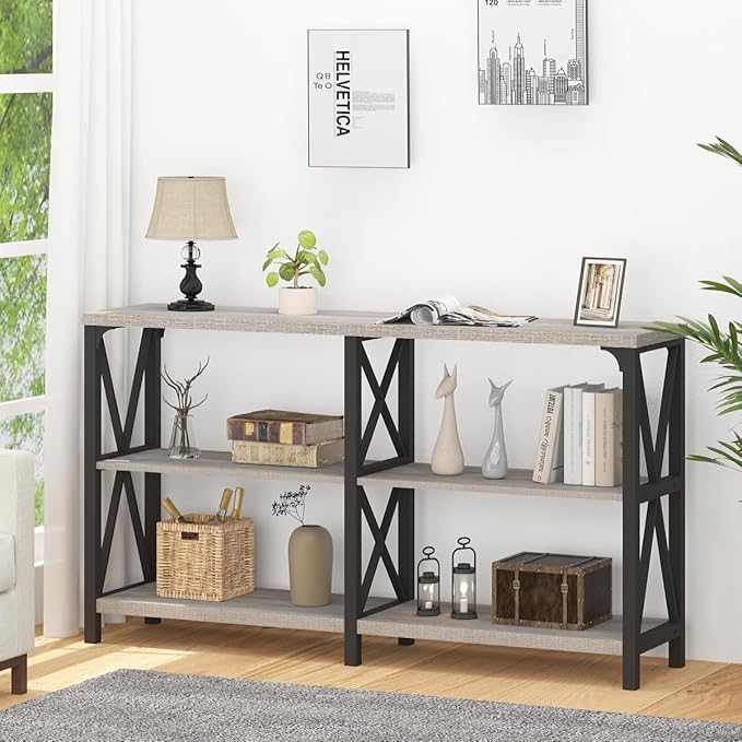 IBF Sofa Table, Modern Metal Wood 3 Tier Entryway Table, Industrial Console Table with Storage Shelves, Foyer Hallway Couch Table Behind Sofa for Living Room, Long Horizontal Bookshelf, Grey Oak, 55in