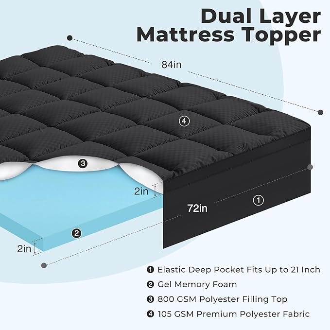 OLANLY Dual-Layer 4 Inch Cal King Size Memory Foam Mattress Topper for Back Pain, 2 Inch Cooling Pillow Top Mattress Pad Cover and 2 Inch Gel Memory Foam Topper, Deep Elastic Pocket, Black