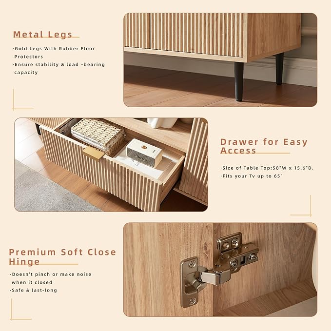 Okvnbjk Modern TV Stand for 65 Inch TV, TV Consoles for Living Room, Media Console with Soft Hinge & Drawer, Wood Fluted Entertainment Center with Storage, Oak