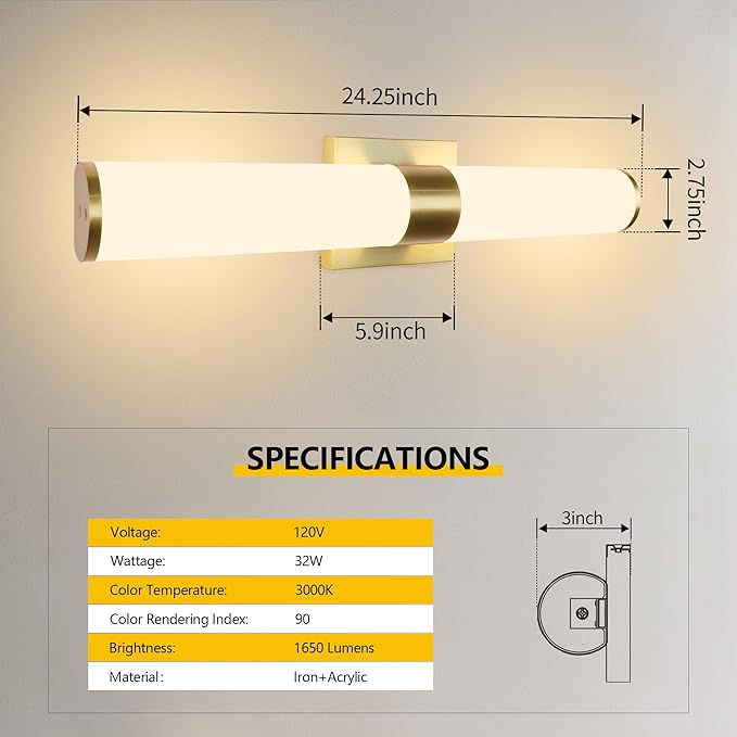 Kalium 24in Modern Wall Sconces, Dimmable Bathroom Vanity Lights, 3000K Warm White LED Indoor Sconces Lighting for Bathroom, Stairs, Living Room, Bedroom. Hardwired.