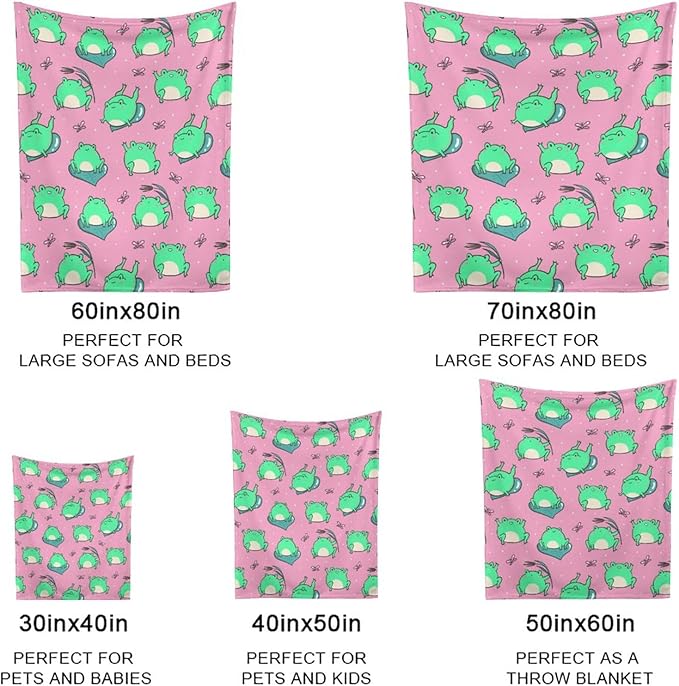 Cute Green Frogs on Pink Throw Blanket, Flannel Fleece Bed Blanket, Soft Cozy Fuzzy Plush Blankets for Couch Sofa Office Traveling Kids Bedroom Adults Living Room All Season, 80"x60"