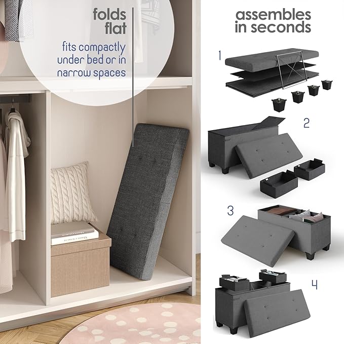 STORAGEBUD Storage Ottoman Bench with Bins, 30-in Storage Bench for Bedroom End of Bed, Folding Foot Rest Ottoman for Living Room Max 660lbs, Fabric Ottomans, Grey