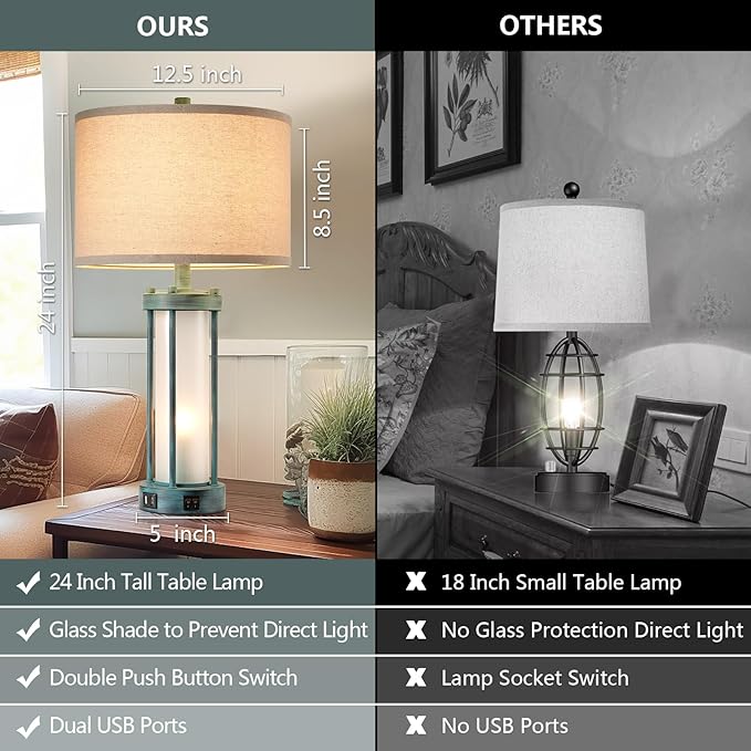 RORIA Set of 2 Rustic Table Lamps for Living Room with 2 USB Ports, Farmhouse Vintage Nightstand Lamp with White Glass Nightlight, Retro Desk Lamps for Bedroom End Table, Bulbs Included(Retro Green)