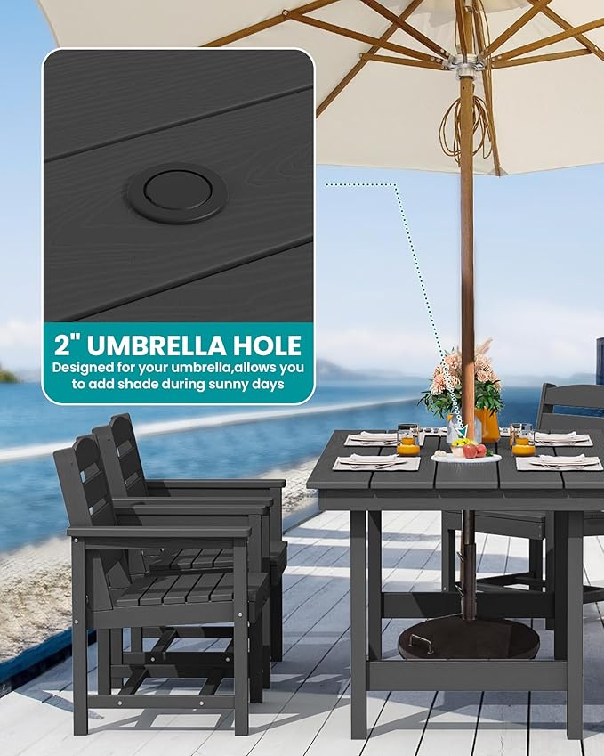 SERWALL 8-Piece Patio Dining Sets with 15FT Double Side Patio Umbrella, Outdoor HDPE Dining Furniture Set with Umbrella Hole Cut-Out Table and 6 Chairs, Black（Umbreall Base not Included）