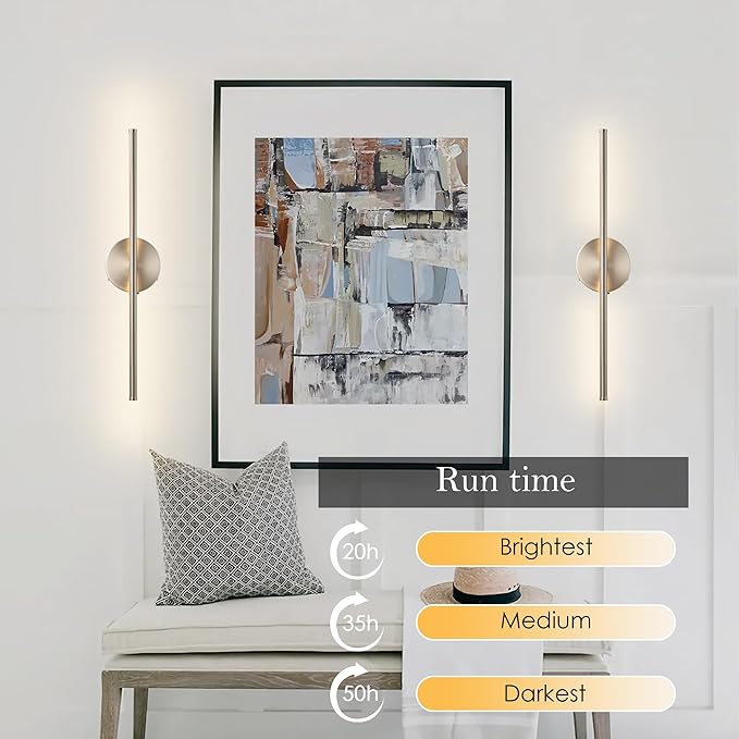 Battery Operated Wall Sconces with Remote Control, Dimmable Wall Sconces Set of Two, 350°Rotate, 3000K LED Nickel Wireless Wall Light for Living Room, Bedroom, Hallway, 20.4 Inch (2 Pack)