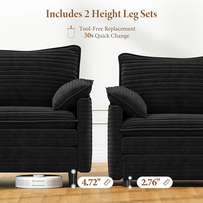 Vesgantti Large Modular Sectional Sofa, Big Comfy Cloud Couch with Ottoman Deep Seat Corduroy Cloud Sofa, 8 Seater Large Sectional Couches for Living Room, Bedroom and Apartment, Black