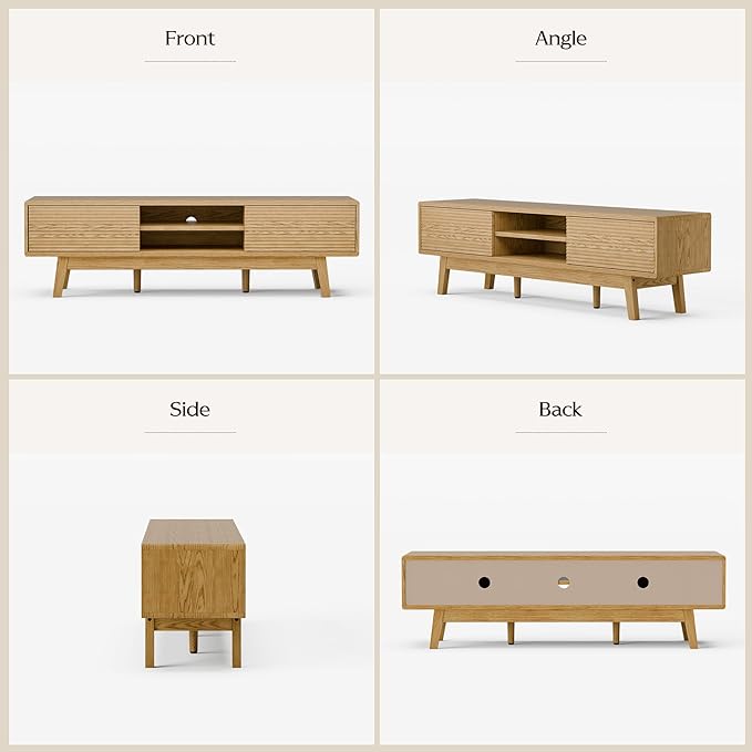 59" TV Stand, Mid Century Modern Television Stand for 43/55/65 inch TV, Low Profile TV Console with Fluted Sliding Doors, Boho Light Wood Credenza for Living Room, Oak