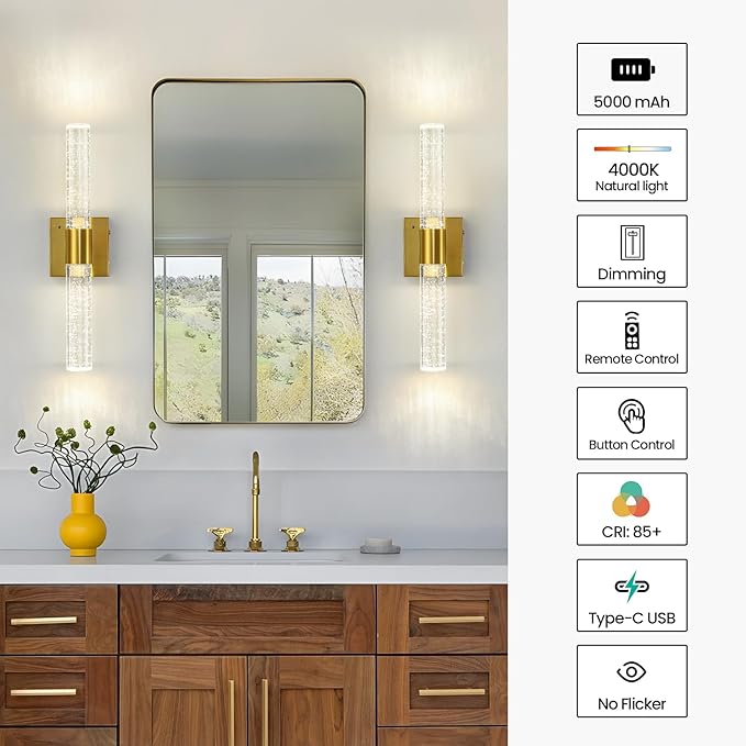 Gold Wall Sconces Set of Two Battery Operated, Wireless Rechargeable Wall Sconce Set of 2 with Remote Control, Modern LED Wall Light for Bedroom, Living Room, Hallway (4000K)