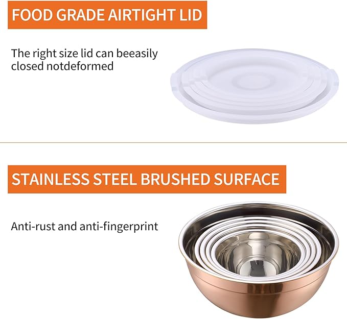 Rose Gold Mixing Bowls with Airtight Lids, Stainless Steel Nesting Mixing Bowls Set of 5, Ideal for Baking, Prepping and Serving Food, Size 5.5, 3.6, 2.7, 2.1, 1.5, QT, Stackable Design