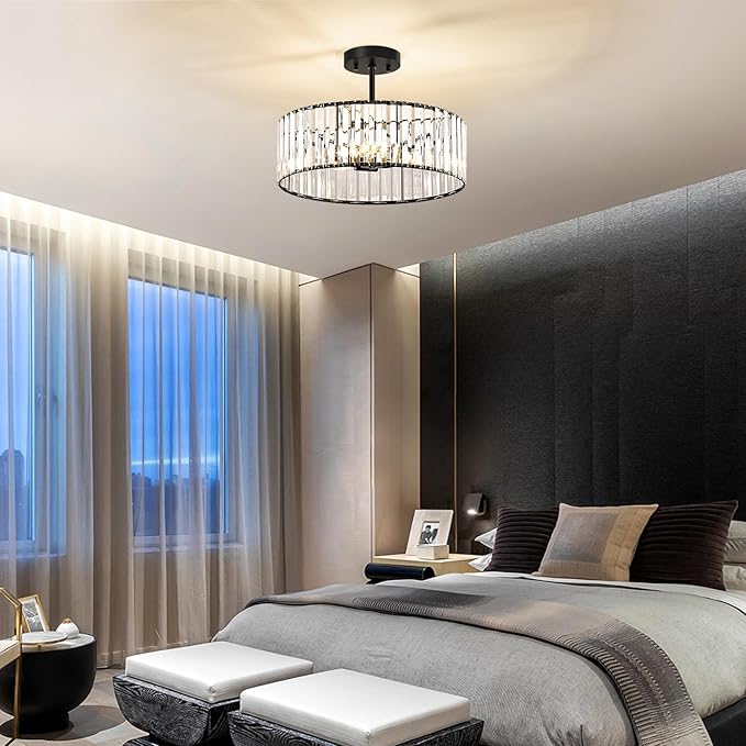 Crystal Black Ceiling Light, Modern Semi Flush Mount Ceiling Lighting Fixture, Round Hallway Lighting Fixtures Chandelier for Kitchen Entryway Bedroom Dining Room, 3-Light, 15.7 Inch