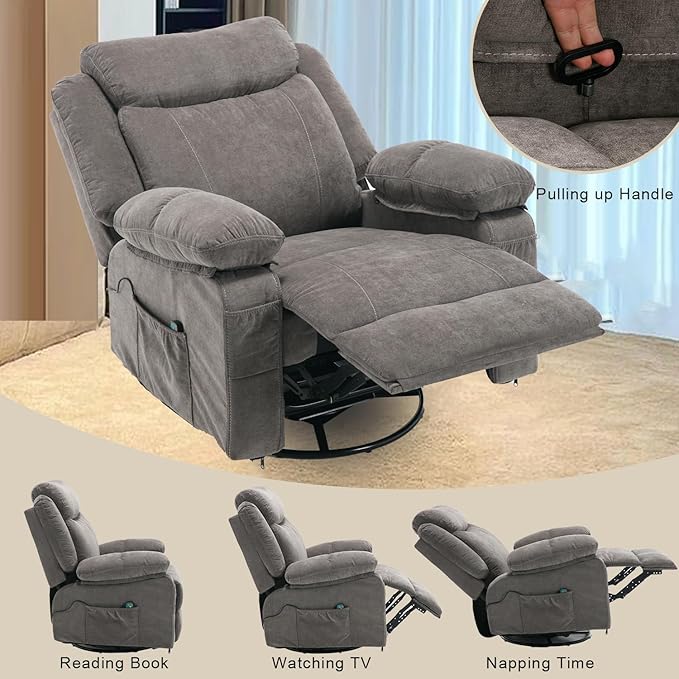 Rocker Recliner Chair with Massage and Heat, Overstuffed Swivel Recliners, Oversized Fabric Recliners Singl Sofa Manual Reclining Home Theater Lounge Chairs for Living Room Adults, Grey