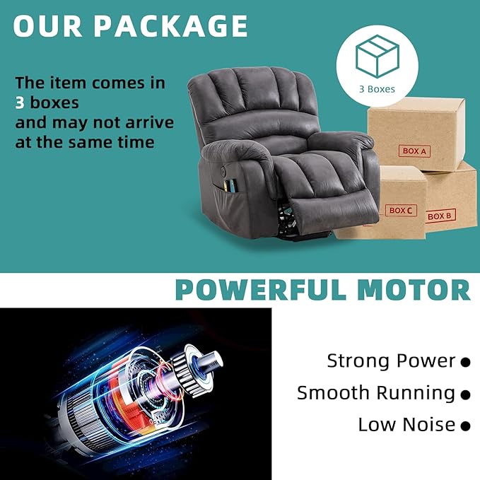 MEETWARM Large Power Lift Electric Recliner Chair with Massage and Heat, Overstuffed Wide Recliner with 2 Remote Controls for Elderly Big People, Heavy Duty Recliners, USB Ports, Side Pockets(Gray)