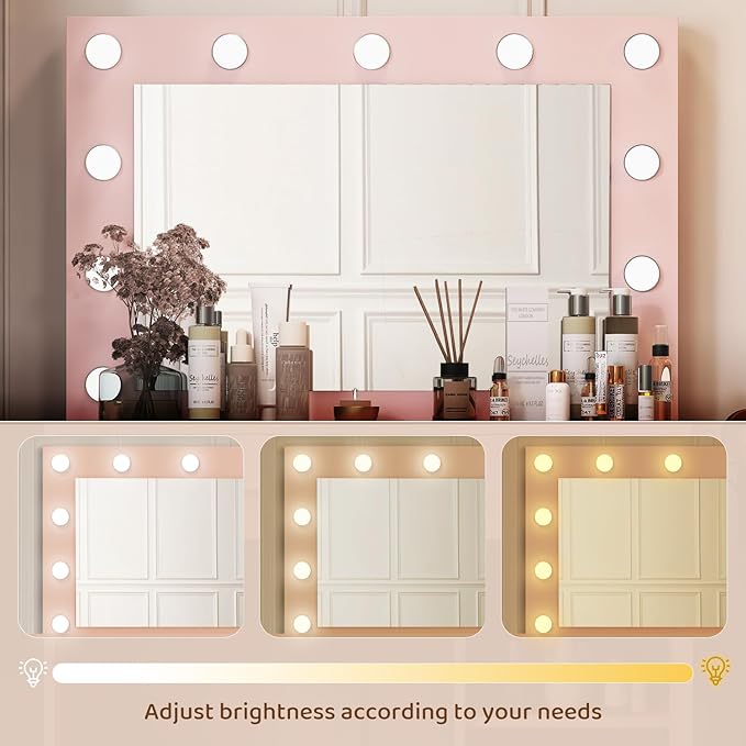 Vanity, Vanity Desk with Mirror, Large Drawer and Power Socket with 11 Light Bulbs and 3 Adjustable Lighting Modes, Vanity Table Ideal for Bedroom (Pink)