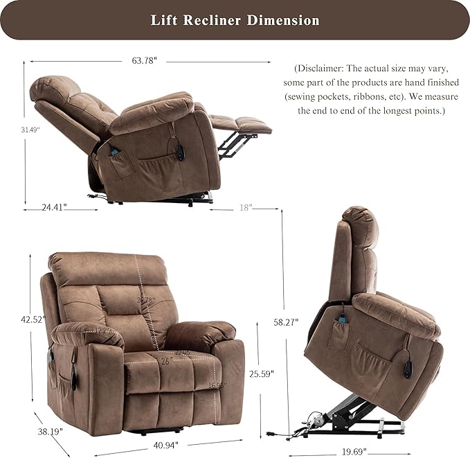 Oversized Power Lift Recliner Chair for Elderly - Extra Wide Big Man Recliner with Heat & Massage - Hidden Cup Holder - Single Motor 350 lbs Capacity