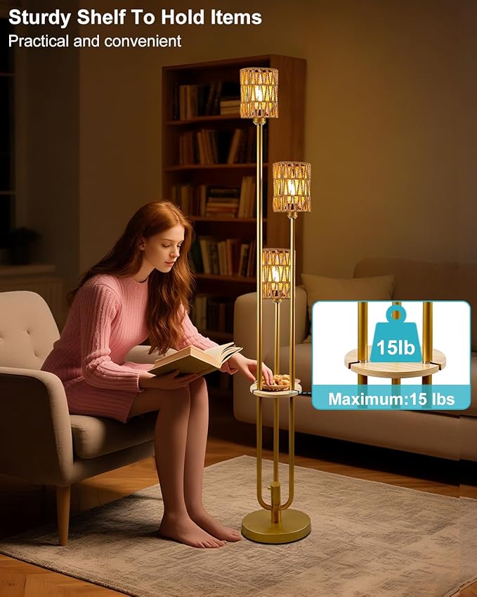 Lightdot Dimmable Boho Floor Lamps with Table, 3-Lights Rattan Floor Lamp with Shelves, 3000K Warmwhite Candle Holder Style Farmhouse Floor Lamp, Rustic Gold Standing Lamp for Living Room Bedroom