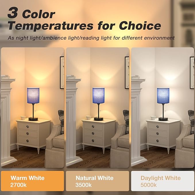 Blue Table Lamps 3 Color Temperatures - 2700K 3500K 5000K Bedside Lamps with USB C and A Ports, Pull Chain Lamps for Bedrooms with AC Outlet, Nightstand Lamps with Black Metal Base for Kids Boys