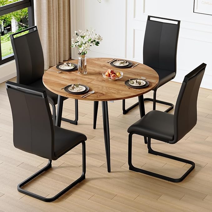 42"-54" Extendable Dining Table Set for 4, Round Dining Table Set for 4, 0.73" Thick Wood Tabletop with Smooth Edge, Black Metal Leg with Non-Slip Footmat, 4 Soft PU Chairs, for Kitchen, Small Space