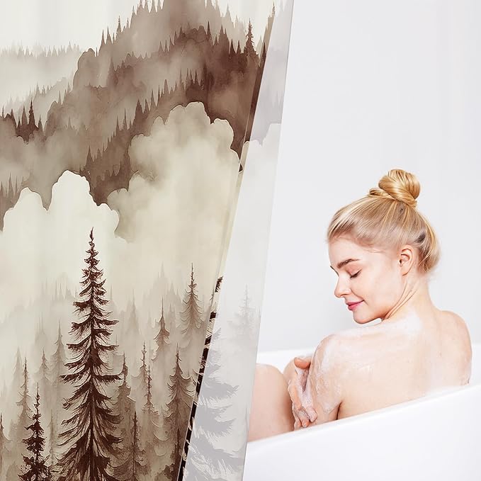 Brown Small Stall Misty Pine Forest Shower Curtain 36 x 72, Tan Mountain Foggy Woodland Scenery Tree Narrow Half Size Shower Curtains for Bathroom, Abstract Waterproof Nature-Themed Decor