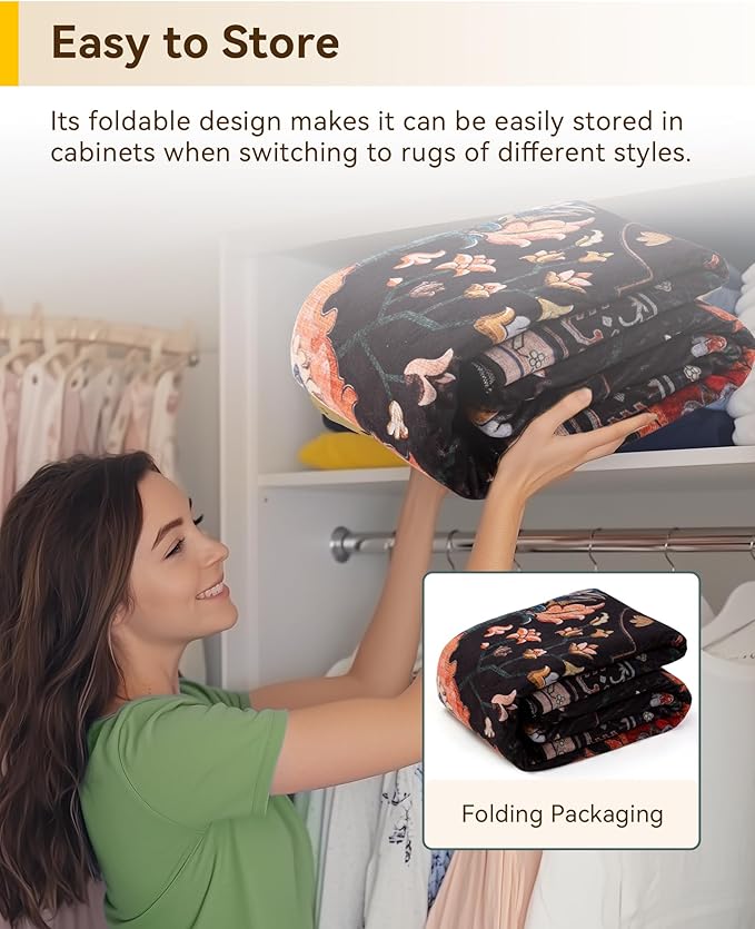 Area Rugs 5ft Washable Non-Slip, Floral Vintage Distress Print Pattern Medallion Carpet for Living Room Bedroom Dining Room, Black Colorful Floral Dark Tan