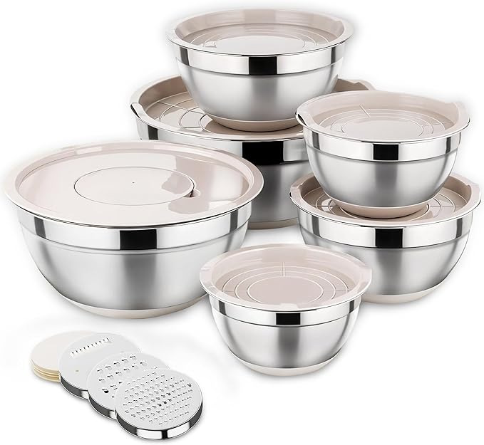 Mixing Bowls with Lids Set, 6PCS Stainless Steel Metal Bowls with 3 Grater Attachments, Measurement Marks & Colorful Non-Slip Bottoms, Size 7, 4, 3, 2, 1.5, 1QT, Great for Mixing & Serving (Khaki)