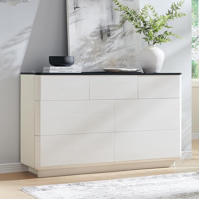 Modern 7 Drawer Dresser for Bedroom, 52" Wide Handleless Chest of Drawers, Push-to-Open Large Wood Storage, Dresser TV Stand for Bedroom, Living Room, Hallway, Curved Profile, White