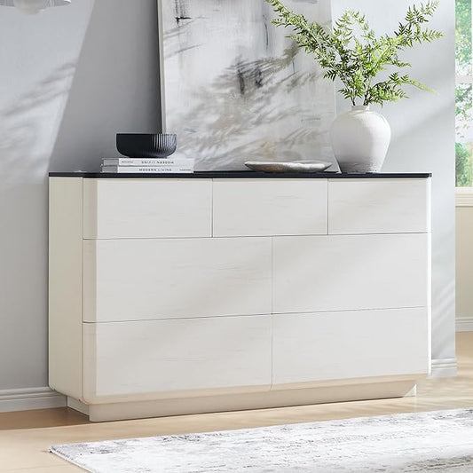 Modern 7 Drawer Dresser for Bedroom, 52" Wide Handleless Chest of Drawers, Push-to-Open Large Wood Storage, Dresser TV Stand for Bedroom, Living Room, Hallway, Curved Profile, White
