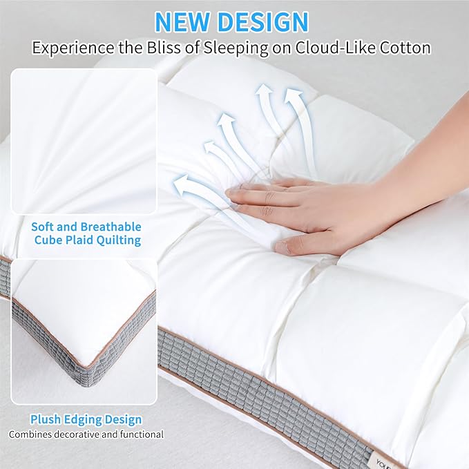 YOUR MOON Soft Pillow Standard for Sleeping, Super Soft Support Down Alternative Pillow 2 Pack, 100% Cotton Shell Luxury Comfy Fluffy Bed Pillows for Sleep(White)
