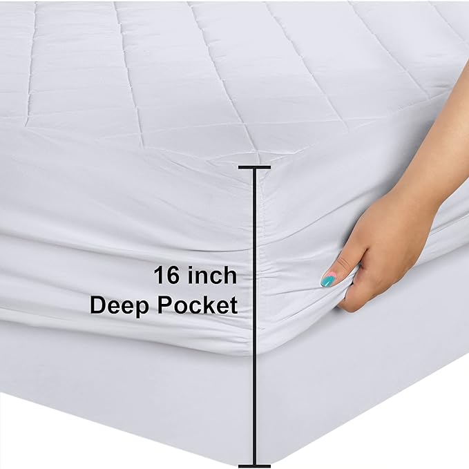 Utopia Bedding Quilted Fitted Mattress Pad, RV King Size, Elastic Fitted Mattress Topper Protector and Cover Stretches up to 16 Inches Deep, Machine Washable (White)