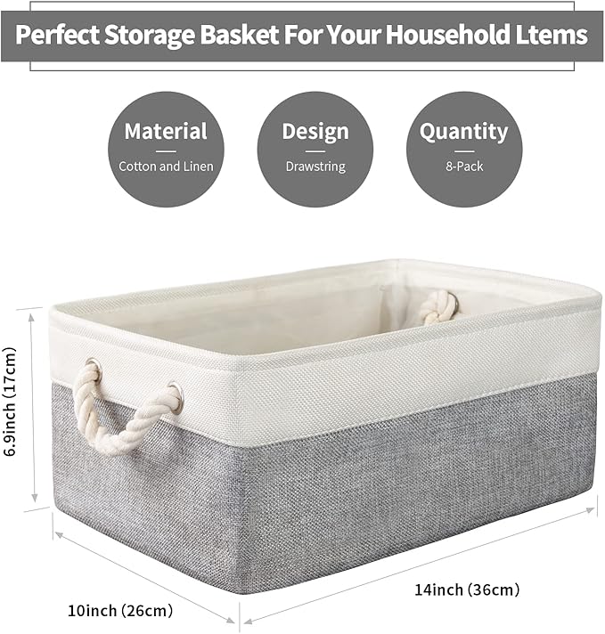 Storage Basket Bins 8 Pack Storage Baskets for Shelves - Decorative Baskets Fabric Storage Cubes Containers W/Handles for Clothes Storage Books, Home, Garage, Office, Bedroom, Parlor, Car (Grey/White)