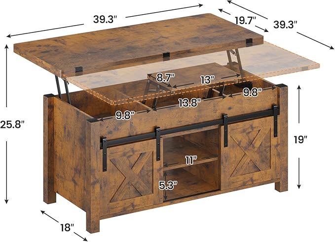 SEDETA Lift Top Coffee Table, 4 in 1 Convertible Coffee Tables with Storage and Hidden Compartment for Living Room, Farmhouse Coffee Table Converts to Dining Table, Dining Reception Room, Rustic Brown