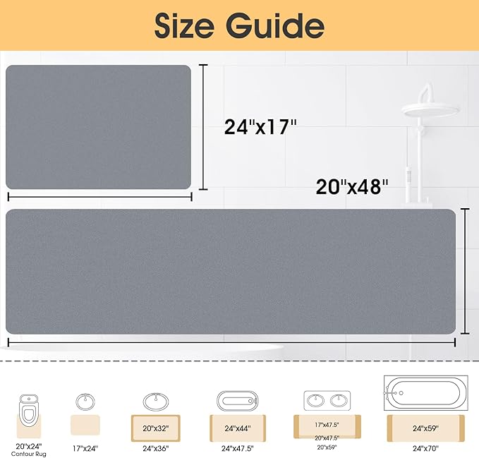 ACCUMTEK Ultra Thin Non-Slip Bath Mat Fit Under Door 2 Piece, Upgrade Backing Non Slip Bath Mat, Quick Dry Ultra Absorbent Bathroom Rugs, Machine Washable Bath Mats for Bathroom, Bathtub & Kitchen