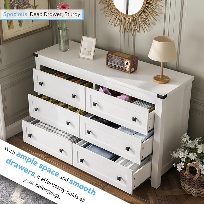 White Dresser for Bedroom with 6 Drawers, Modern Chest of Drawers, Wood Rustic Wide Storage Drawers Dressers Organizer for Closet, Living Room, Hallway