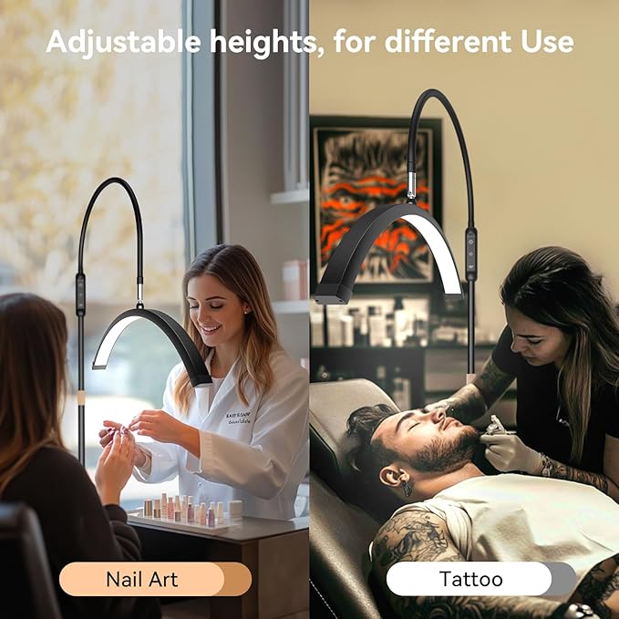 Lash Light for Eyelash Tech, Led Half Moon Light Floor Lamp for Eyelash Extensions, Tattoo, Esthetician Artists, Nail Art, Skincare, Adjustable Height, Dimmable Brightness, with Movable Tray