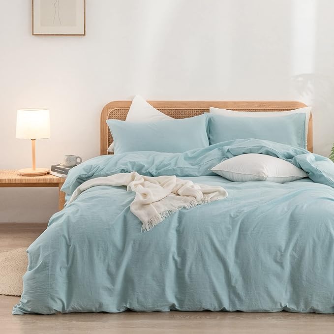 BESTOUCH Duvet Cover Set 100% Washed Cotton Linen Feel Super Soft Comfortable Chic Lightweight 2 PCs Home Bedding Set Solid Hushed Green Twin/Twin XL