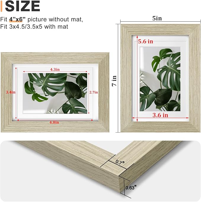 Egofine 4x6 Picture Frame Made of Solid Wood, Covered by Plexiglass Display Pictures 3.5x5 with Mat or 4x6 Without Mat for Table Top Display and Wall Mounting Photo Frame, Distressed Wood Grain