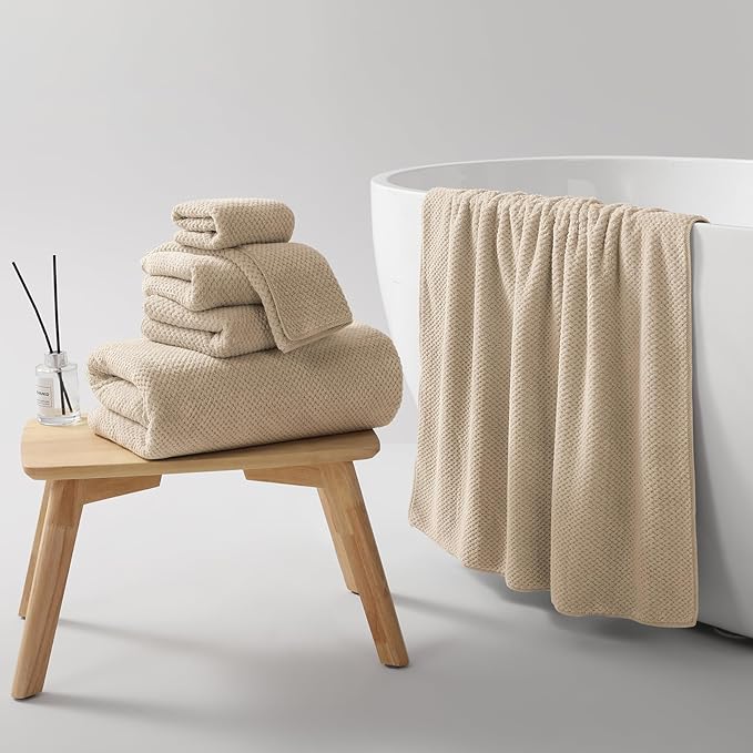 REDKISS 6-Piece Bath Towel Set - 2 Washcloths, 2 Hand Towels, 2 Bath Towels | Ultra-Fiber Coral Fleece, Super Absorbent, No Lint & No Fading | Perfect for Bathroom, Spa, Gym | Family & Adults-Camel