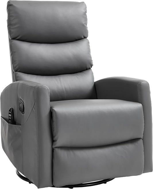 PELUMY Massage Recliner Chair with Heat - Manual Rocker Swivel Recliner, 360° Rotation & 155° Recline for Living Room（Breathable Leather, Grey）