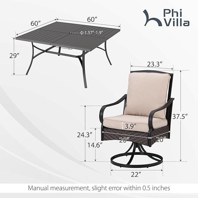 PHI VILLA 9-Piece Outdoor Dining Sets, 60x60 All-Weather Patio Table and Chairs Set for 8, Heavy Duty Patio Table Set Square for Deck, 8 Extra Large Outdoor Swivel Chairs with Thick Cushions