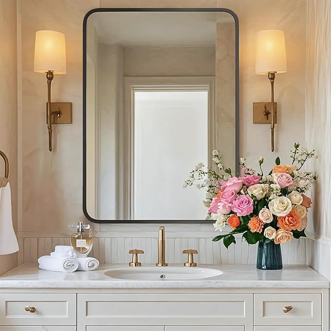 22"×30" Bathroom Mirror for Wall, Modern Bathroom Vanity Mirror, Black Bathroom Mirrors for Over Sink with Metal Framed HD Tempered Glass Hangs Horizontally or Vertically