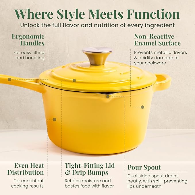 Larder & Vine Enameled Cast Iron Saucepan | 2.2 qt Sauce Pan with Lid | Saucepan with Pour Spouts | Enameled Cast Iron Pot Compatible on All Cooktops & Oven Safe to 500° F | Limoncello