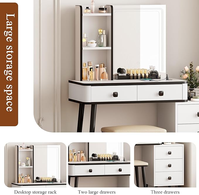 soges Vanity Desk Set, Combined Makeup Vanity LED Mirror and Lights, Cushioned Stool, Dressing Table with Storage Cabinet, Storage Drawers & Shelves, Wireless Power Outlests, White