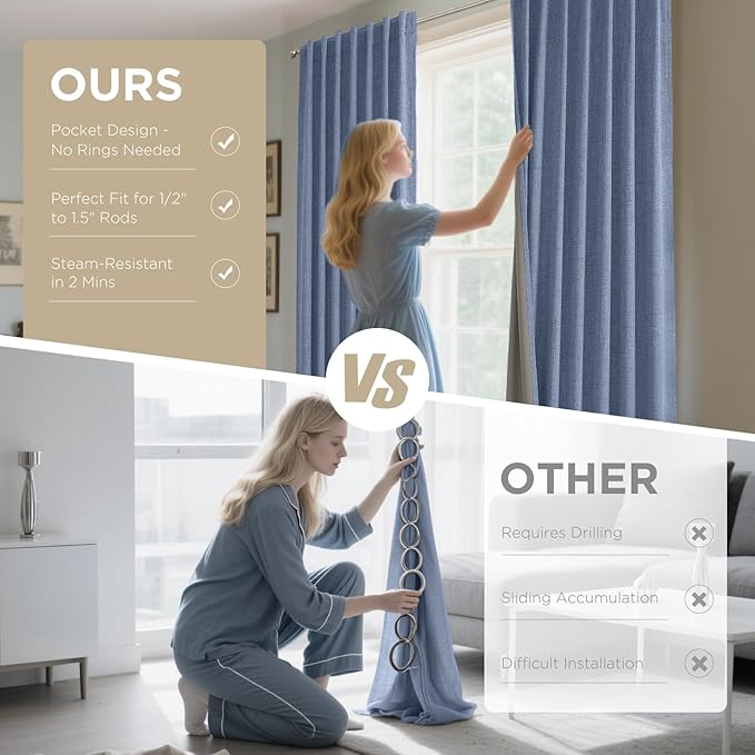 Joydeco 100% Blackout Curtains for Bedroom - Natural Linen Curtains 84" L Long, Thermal Insulated 2 Panels Sky Blue Light Blocking Drapes, Rod Pocket & Back Tabs, Darkening Privacy for Living Room