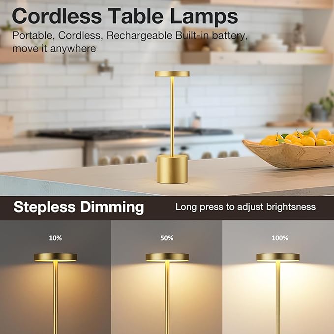 Kakanuo Cordless Lamp, Rechargeable Lamp, Touch Control, 3 Color Temperature, LED Outdoor Wireless, Battery Operated Lamps, Stepless Dimmable, Gold