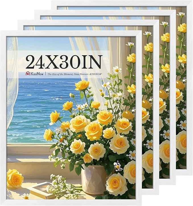 24x30 Poster Frame 4 Pack, White Solid Wood, Wall Gallery Picture Frame