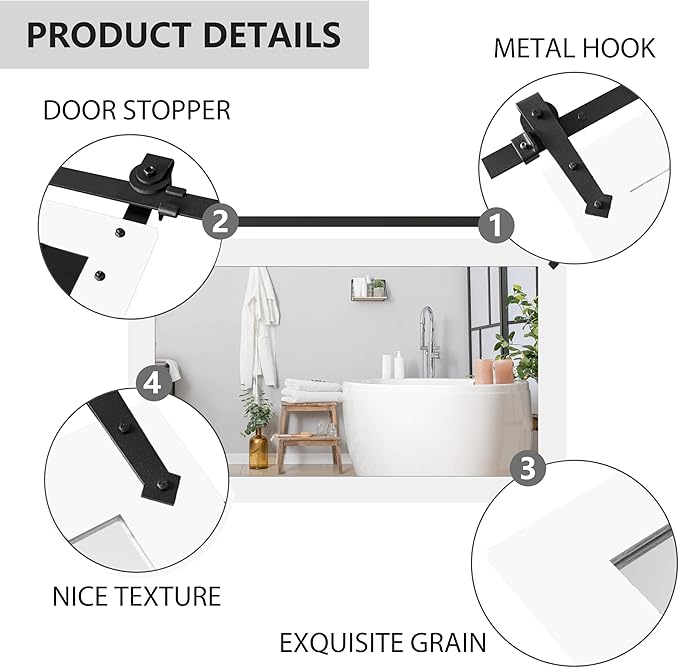 Farmhouse Barn Door Mirror - 42" x 28" Rustic Wood Framed Wall Mirror for Bathroom, Living Room, Bedroom Wall Decor (Bright White)